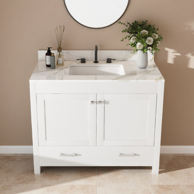 Ensemble de meuble-lavabo moderne de 43 po avec ensemble de couleurs Karalakin en marbre artificiel, armoire de salle de bain multifonctionnelle avec portes et tiroir, cadre solide et panneau de fibres à densité moyenne (trois trous de robinet)