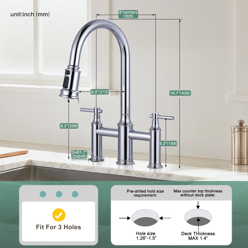 3 Holes 8 Inch Centerset Bridge Kitchen Faucet With Pull Down Sprayer, Polished Chrome