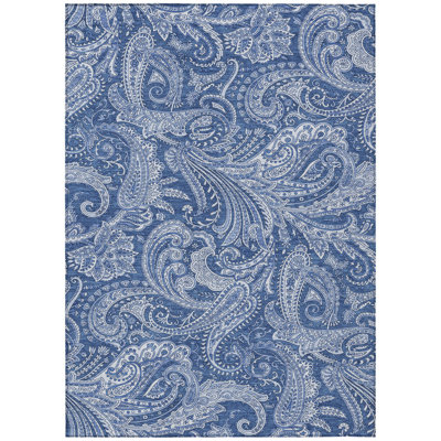8' X 10' Navy Blue And Denim Blue Paisley Washable Indoor Outdoor Area Rug