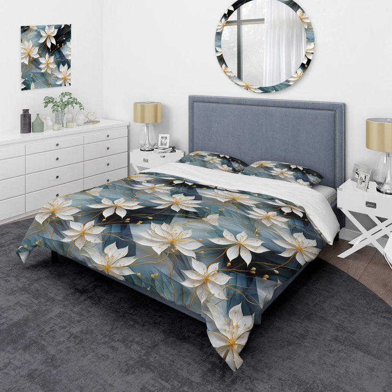 Ensemble de housse de couette Serenity blanc et bleu sarcelle, Housse de couette pour grand lit et 2 taies décor