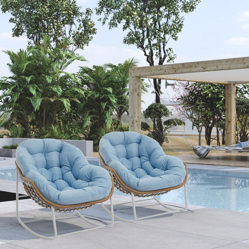 Chaise berçante d'extérieur rembourrée Serkan, Azure, Blanc