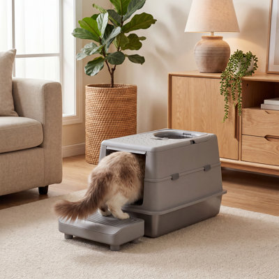 Bac à litière en acier inoxydable avec couvercle, bac à litière pour chat avec sortie par le haut à l'avant et très grand bac à chat en métal