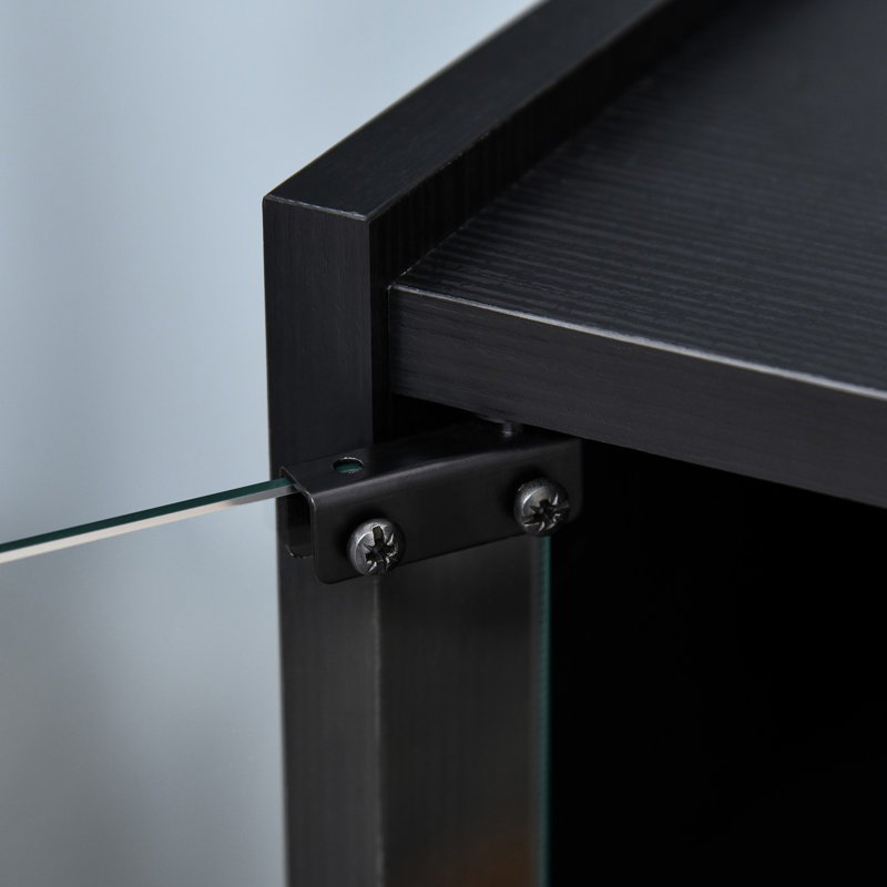Armoire 5 supports, finition noire patinée. Portes en verre trempé, tablettes réglables. Peut accueillir un lecteur, un récepteur, une console de jeu, un ordinateur portable et des livres. Gère une étagère à câbles, avec portes et tablette