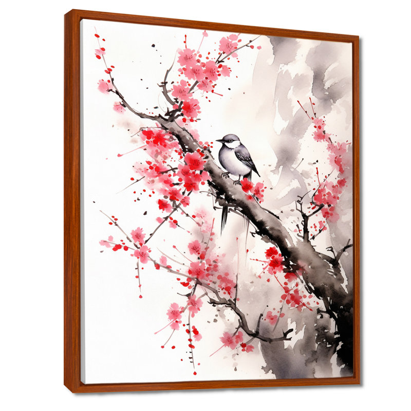 Art asiatique, Sumi oiseau sérénité, art asiatique, 32" H x 16" W, Cadre flottant brun