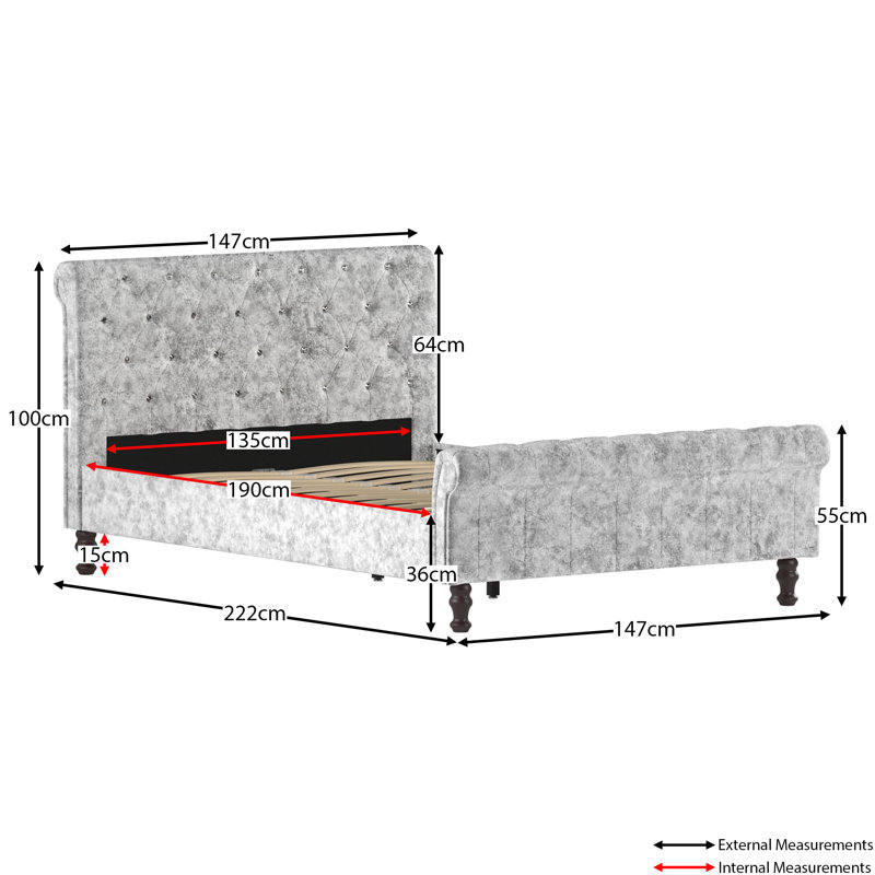 Barr Upholstered Bed, Crushed Velvet Silver, Double (4'6)