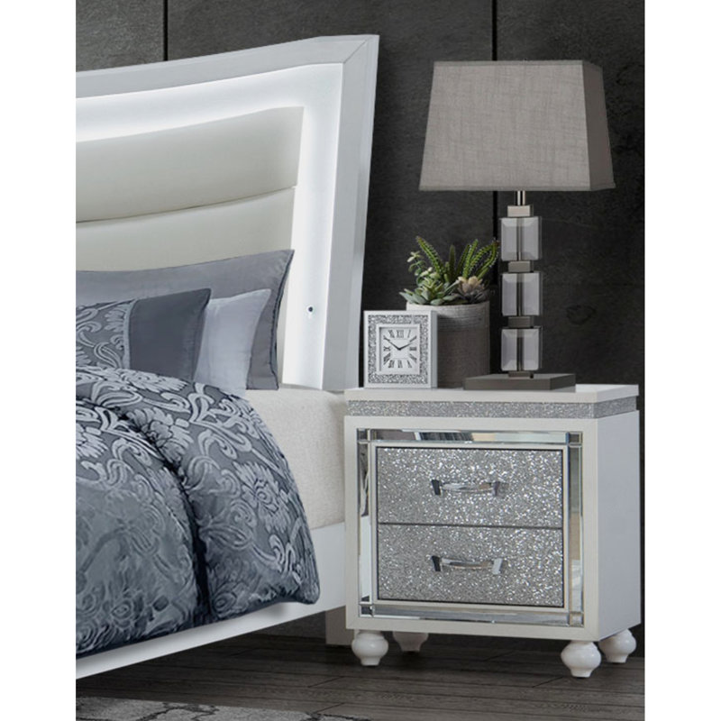 Table de chevet blanche - bois massif + fabrication, charme contemporain, 26,02 po X 16,44 po x P 21,17 po, table de chevet blanche de 44 lb avec paillettes, cristal concassé, accent miroir, profondeur,