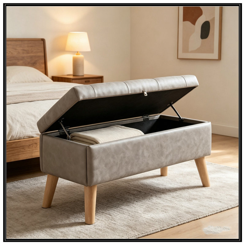 Banc rembourré avec siège capitonné et pieds robustes, Gris