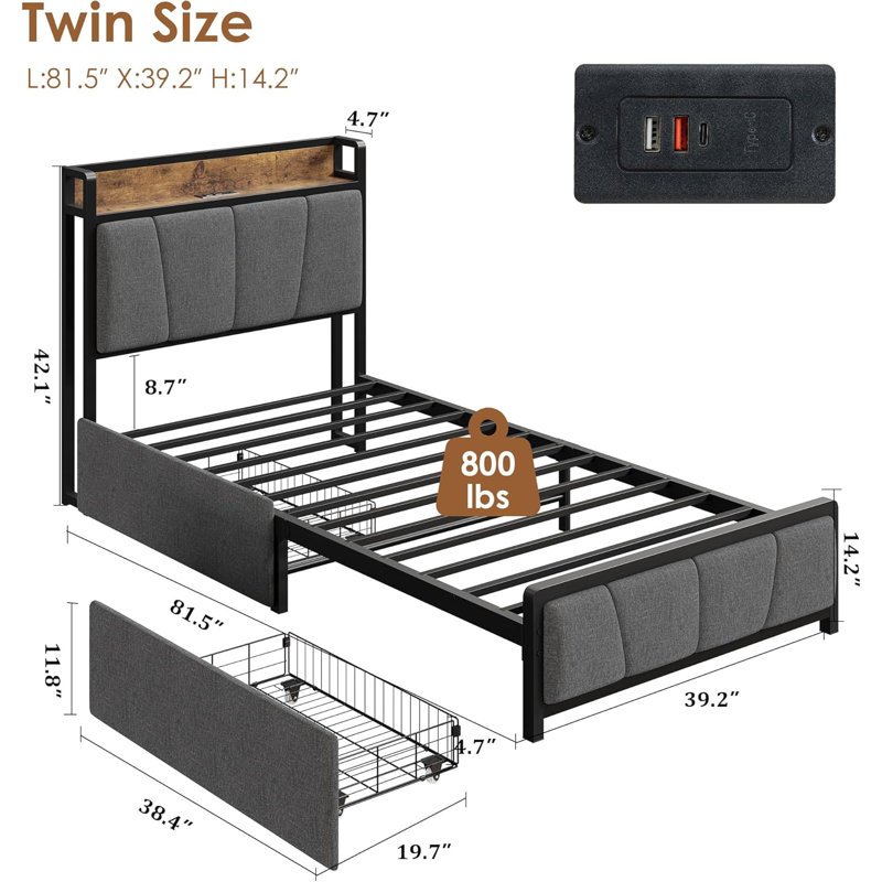 Structure de lit simple tapissier avec 2 tiroirs et station de charge, Lit simple