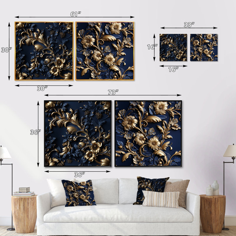 Cobalt Blue Gilded Frames Victorian Pattern - Abstract Botanicals Square Collage Set Of 2, Gold Floater Framed, 36" H x 73" W