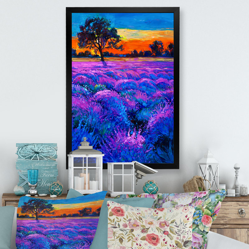 Champ de lavande mauve - œuvre d'art traditionnelle sur toile, Cadre photo noir, H 20 po x l 12 po x P 1 po