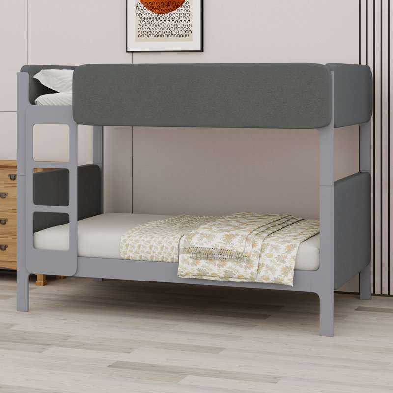 Lit superposé avec tête de lit et pied de lit rembourrés et épais, et barrières de sécurité pour chambres partagées, Grey