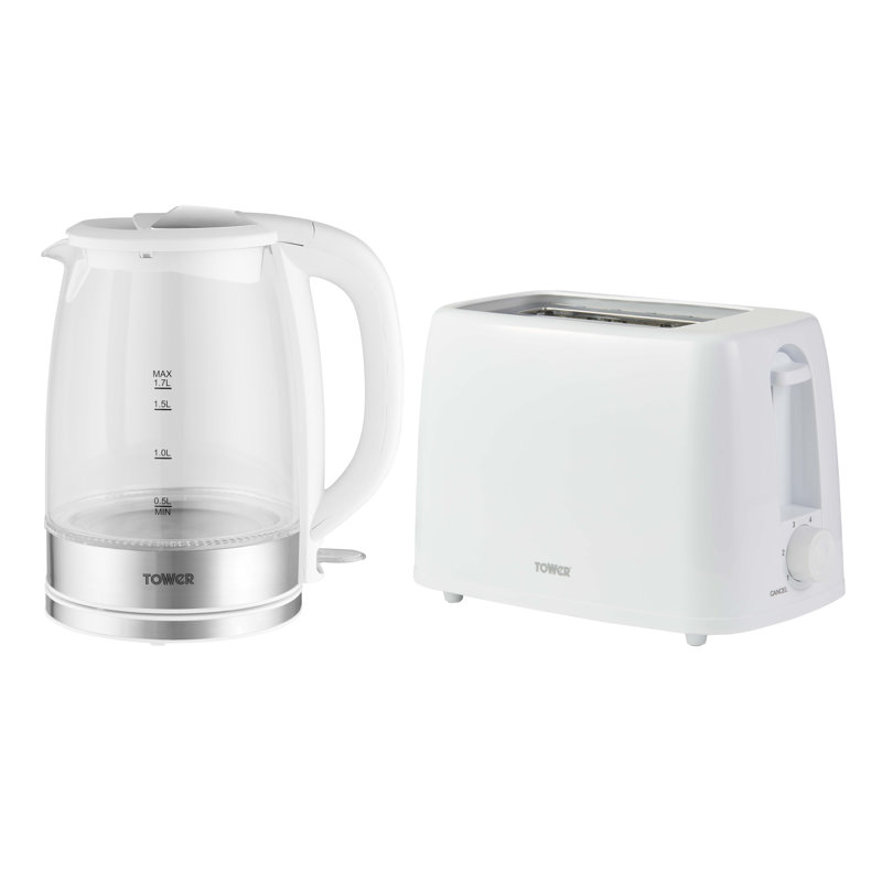Tower Presto Kitchen Set, 1.7L Illuminating Glass Kettle 2200W and 2 Slice Toaster with 6 Browning Levels