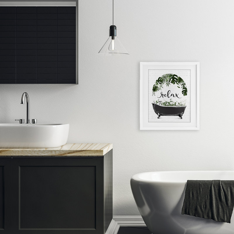 «Tropical Bath Relax», reproduction sous verre encadrée, lettrée et doublée, H 16 po x l 13 po, Cadre blanc côtier