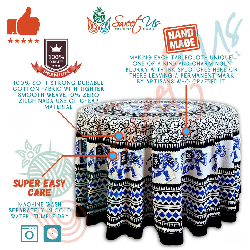 Nappe 100% coton Paisley, Bleu et noir, L 90 po x l 90 po