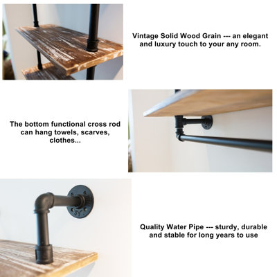 Tablettes flottantes industrielles avec barre à serviettes pour la salle de bain, 3 tablettes murales flottantes rustiques pour la salle de bain, la cuisine, la chambre à coucher et le salon