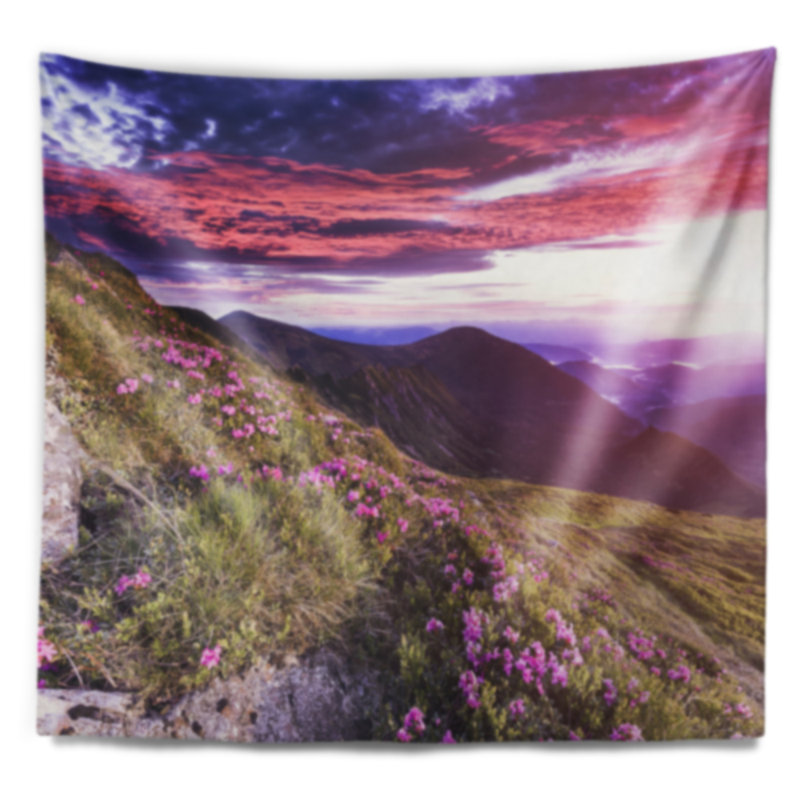 Tapisserie en polyester paysage de fleurs de rhododendron dans les montagnes avec accessoires de suspension inclus