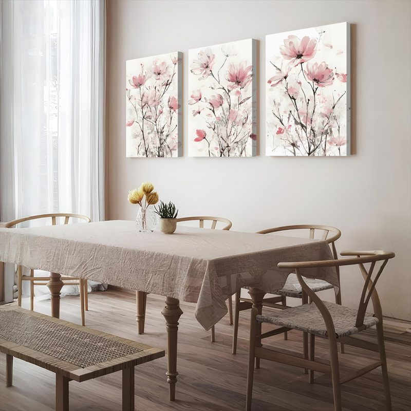 Toile tendue sur châssis, motif floral rose poudré, abstrait (paquet de 3), H 30 po x l 60 po