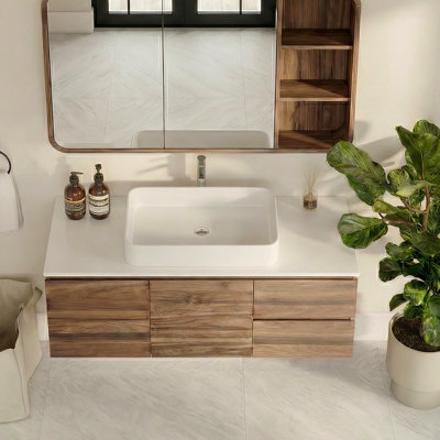 48" Modern Floating Bathroom Vanity with White Sintered Stone Top Walnut Veneer Cabinet and Undermount Ceramic Sink