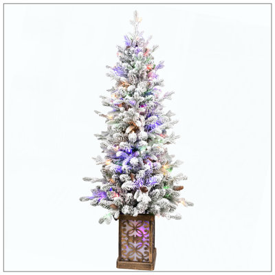 Arbre de Noël floqué avec lumières DEL, 396 pointes, base scintillante, 100 lumières, extrémités en PE / PVC avec pommes de pin - vasque lumineuse, décoration des Fêtes facile à assembler