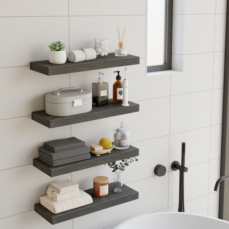 Retro Wood Grain Veneer Gray Wall-Mounted Storage Rack 4-Piece Set, Floating Design With Concealed Bracket, A Wall Decoration, Suitable For Storage In Kitchens, Bathrooms, And Bedrooms.