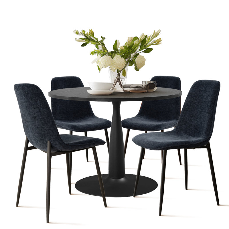 Folmar 4 - Person Dining Table Sets With 35'' Round Table & 4 Upholstered Chenille Chairs, Dark Blue