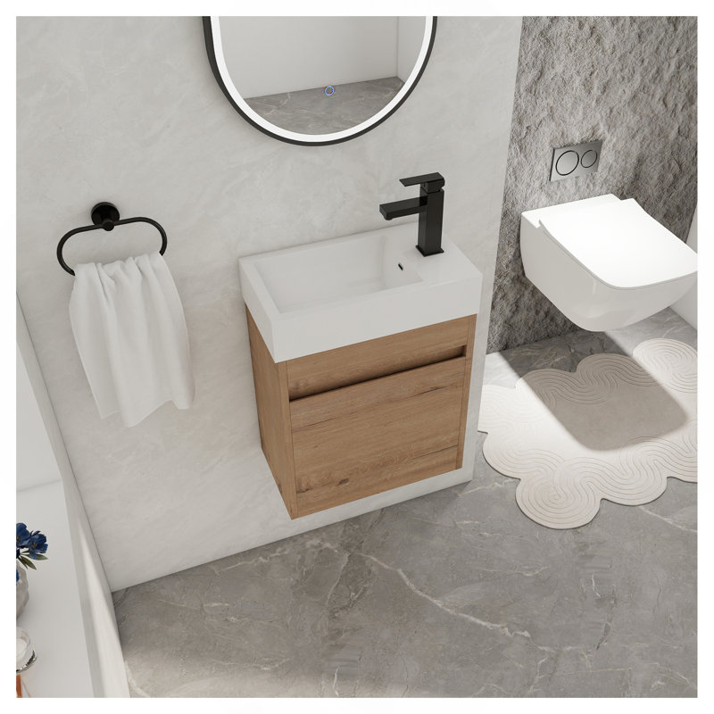 Meuble-lavabo mural 18 po avec lavabo en résine blanche et porte d'armoire à fermeture en douceur 18 po, White Straight Grain