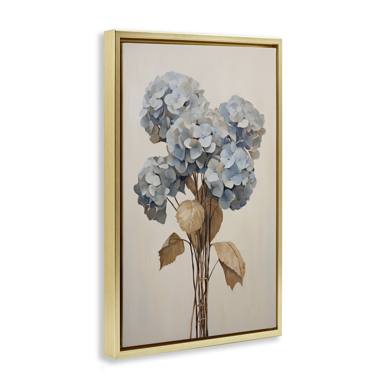 Toile flottante rétro "Blue Hydrangea" par Petals Prints Design, H 31 po x l 21 po, Cadre flottant métallique doré