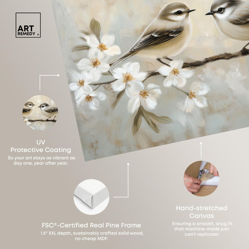 Delicate Birds Beige and White Wrapped Canvas Art