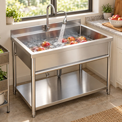 Évier utilitaire autoportant de 40 po en acier inoxydable avec robinet escamotable, lavabo à simple cuve commerciale avec pieds réglables et tablette de rangement inférieure pour le garage, la salle de lavage et la cuisine