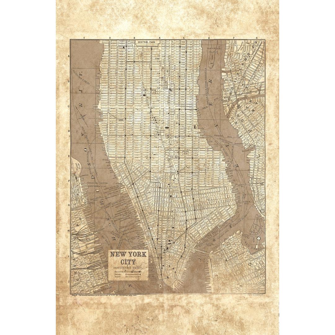 Nyc Map Lines Ivory Distressed 3 - Wrapped Canvas Graphic Art
