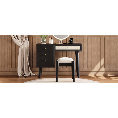 39" Vanity With 4 Drawers, Charging Plug, Black Wood, & Attractive Wooden Dressing Table In Black, , Soft Seat Stool