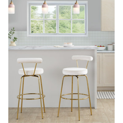Fixed-Height Barstool With Swivel In Gold Metal And Cream Velvet - Set Of 2