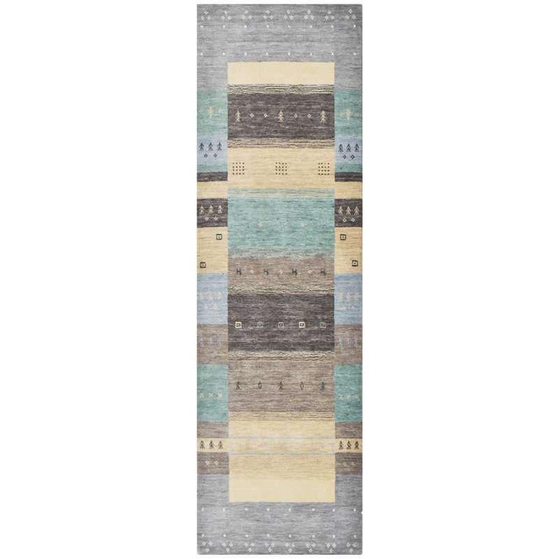 Tapis argenté et multicolore de haute qualité noué à la main, Tapis de couloir 2 pi 6 po x 8 pi