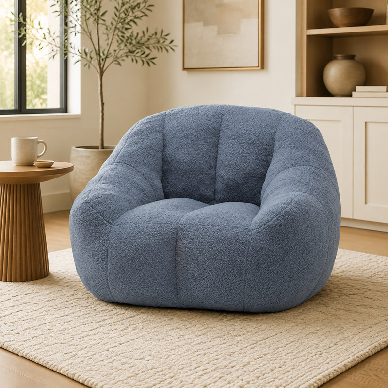 Compression 39"W Soft Teddy Fabric Tufted Memory Sponge Foam Filled Bean Bag Chair, Light Blue Teddy