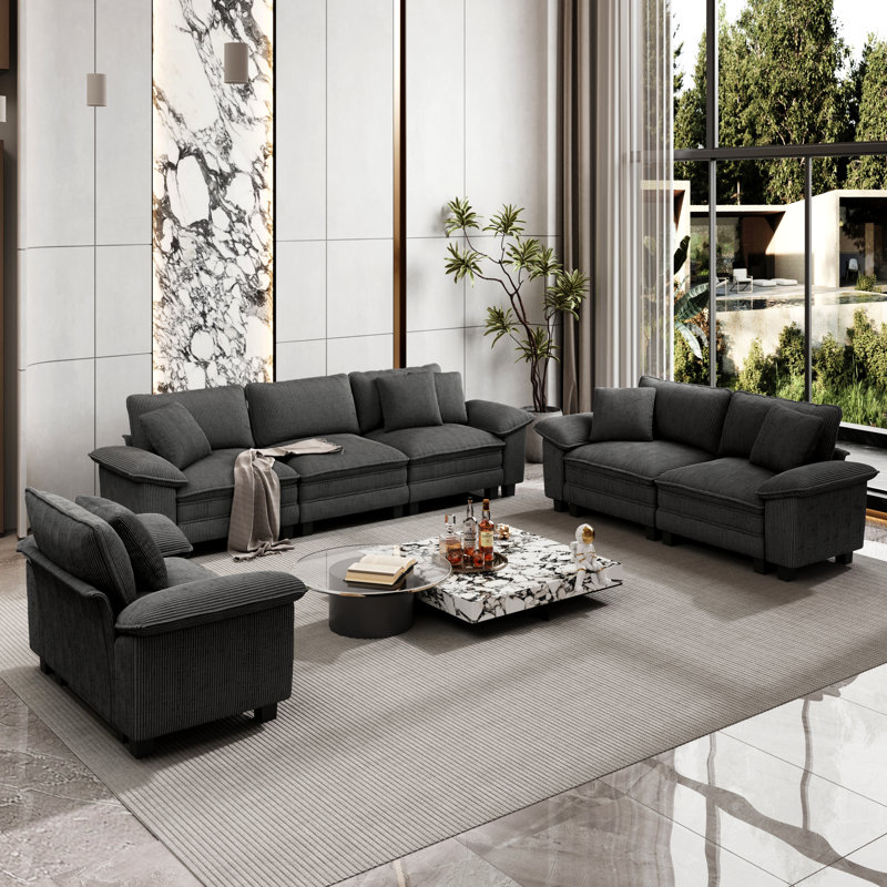 6 - Piece Living Room Set, Corduroy Light Grey
