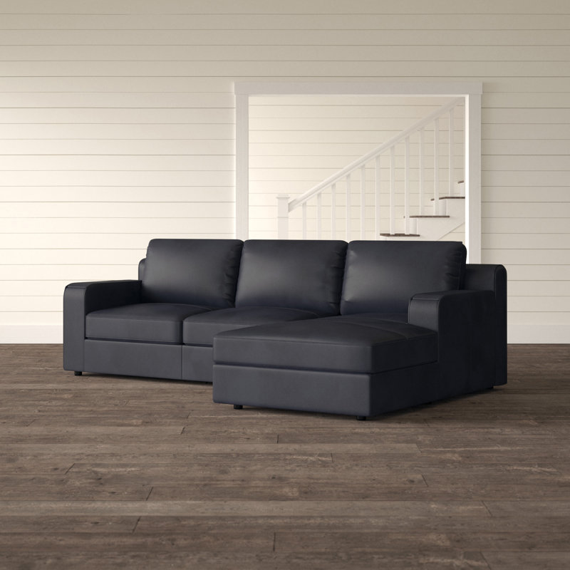 Mukai Upholstered L-Shaped Sectional, Right Hand Facing, Black Genuine Leather