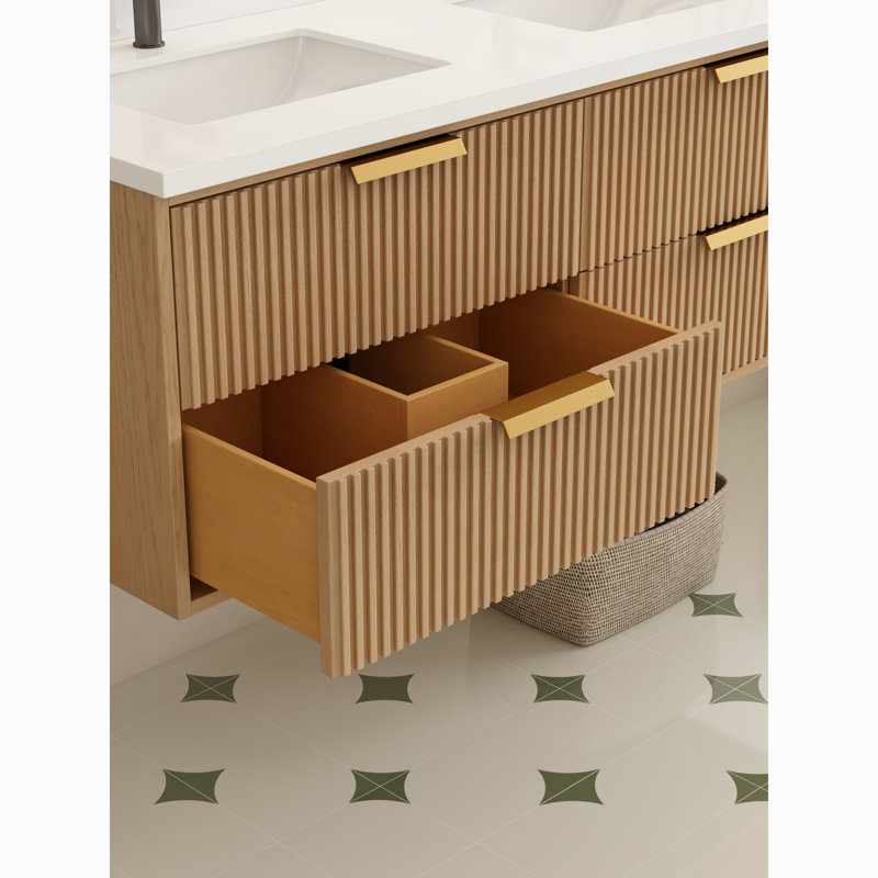 Meuble-lavabo flottant 55 po avec double lavabo blanc Maxbano, Chêne, Doré