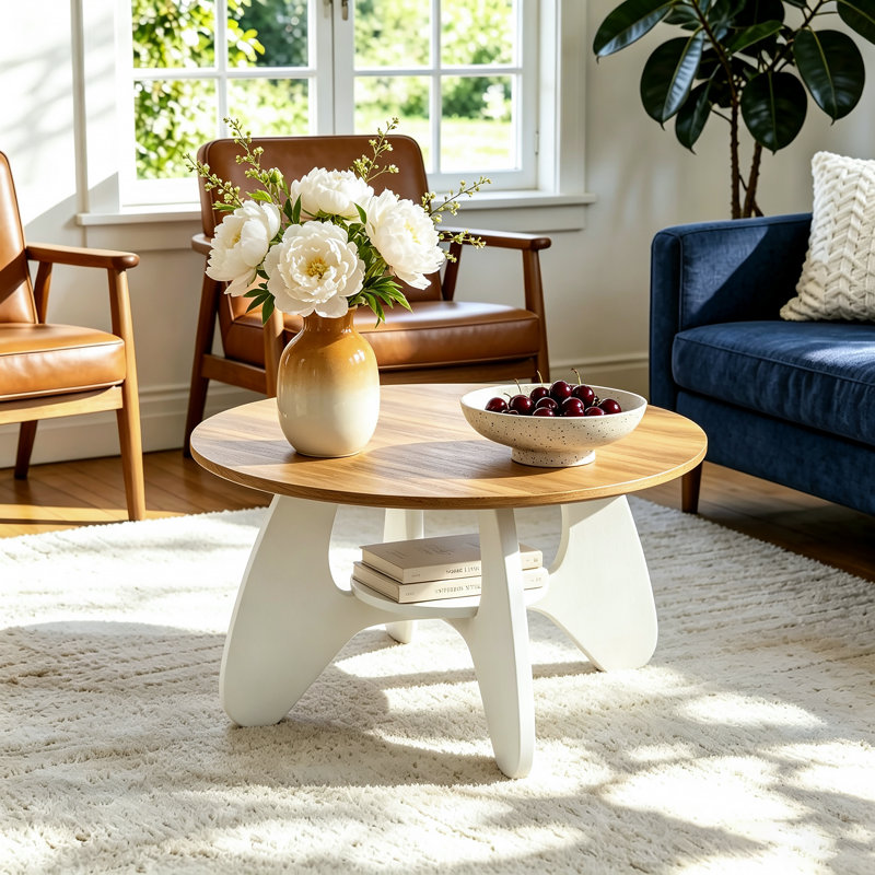 Table basse 31,5 "pour le salon, table d'appoint en bois à 2 niveaux avec rangement ouvert, Noyer/blanc
