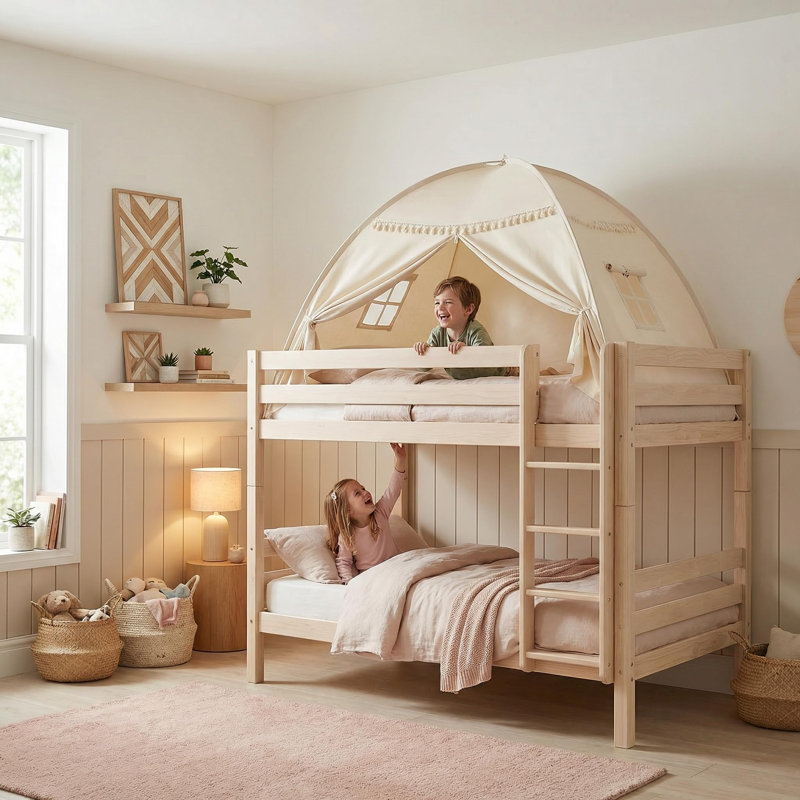 Tente de jeu pour enfants avec guirlande lumineuse en forme d'étoile et drapeaux, cabane de jeu intérieure pour chambre, lit superposé supérieur