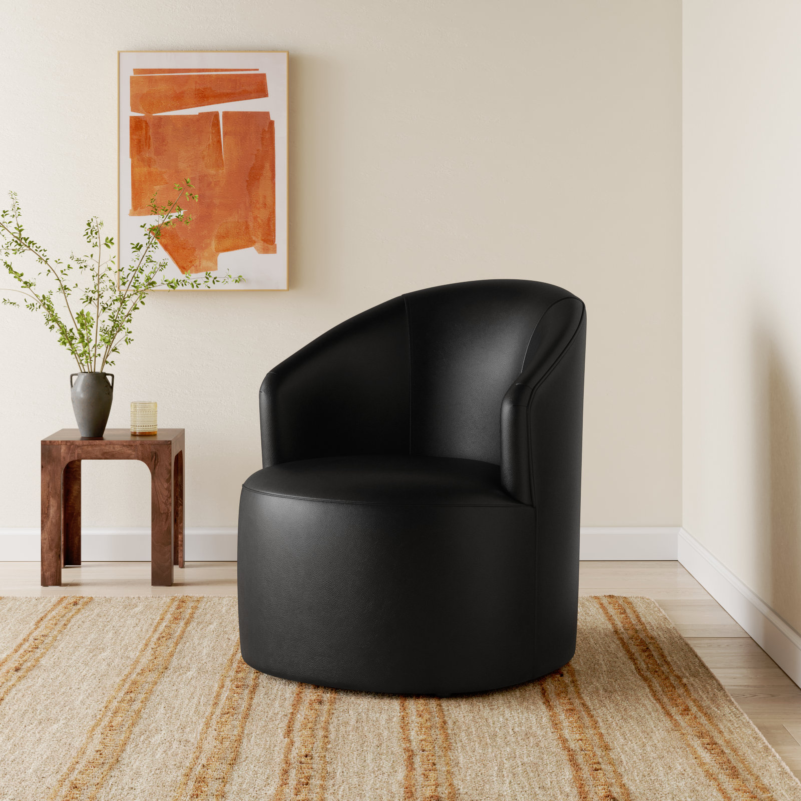 Deryn Upholstered Swivel Barrel Chair, Revelation Steel Top Grain Genuine Leather