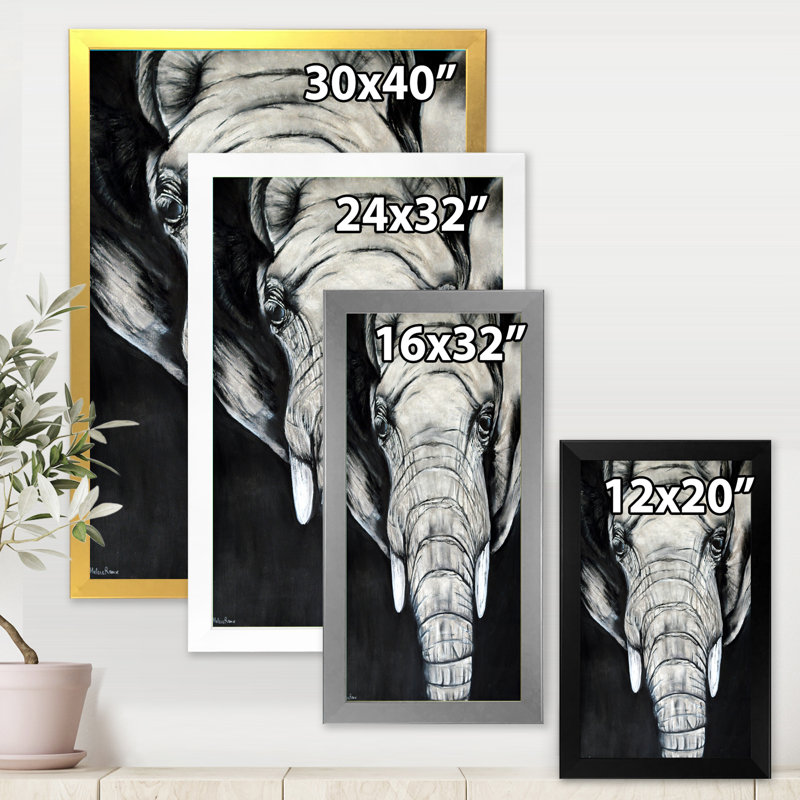 Le portrait d'un éléphant d'Afrique - Peinture sur toile, H 20 po x l 12 po x P 1po, Cadre photo blanc