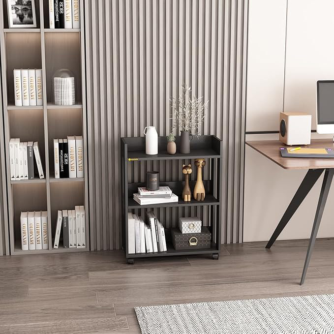 Small Bookshelf and Bookcase, 3 Tier Wood Nightstand with Wheels,Black