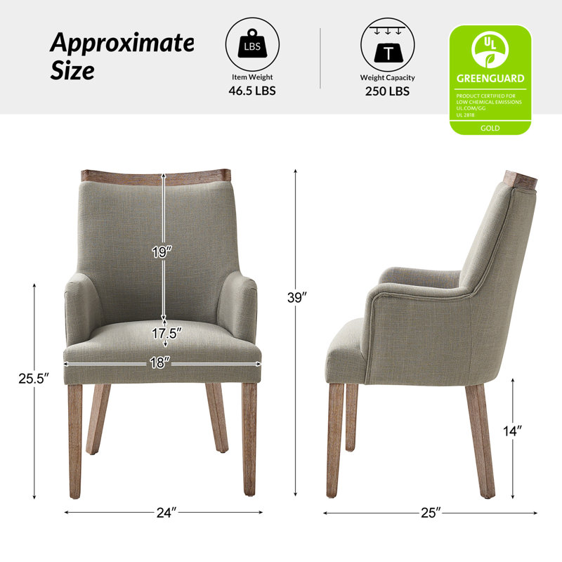 Celil Farmhouse 19.5'' H Upholstered Back Arm Chair With Solid Wood Legs, Gray, 6
