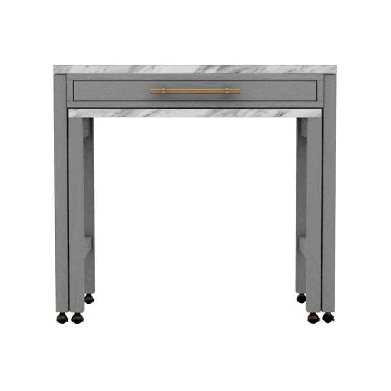 Table à hauteur de comptoir grise avec faux marbre, bois massif, tiroir, plateau extensible et sièges pour 4 personnes avec pieds en bois