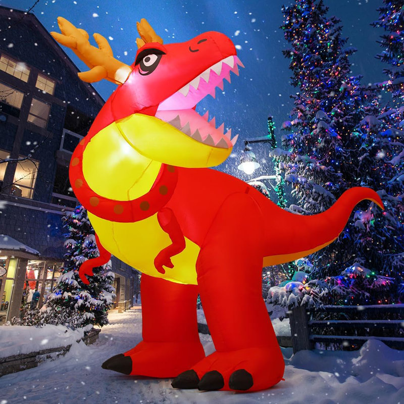 Christmas Inflatables 6 FT Christmas Dinosaur Inflatable Blow Up Antlers Dinosaur Inflatable with Built-in LEDs