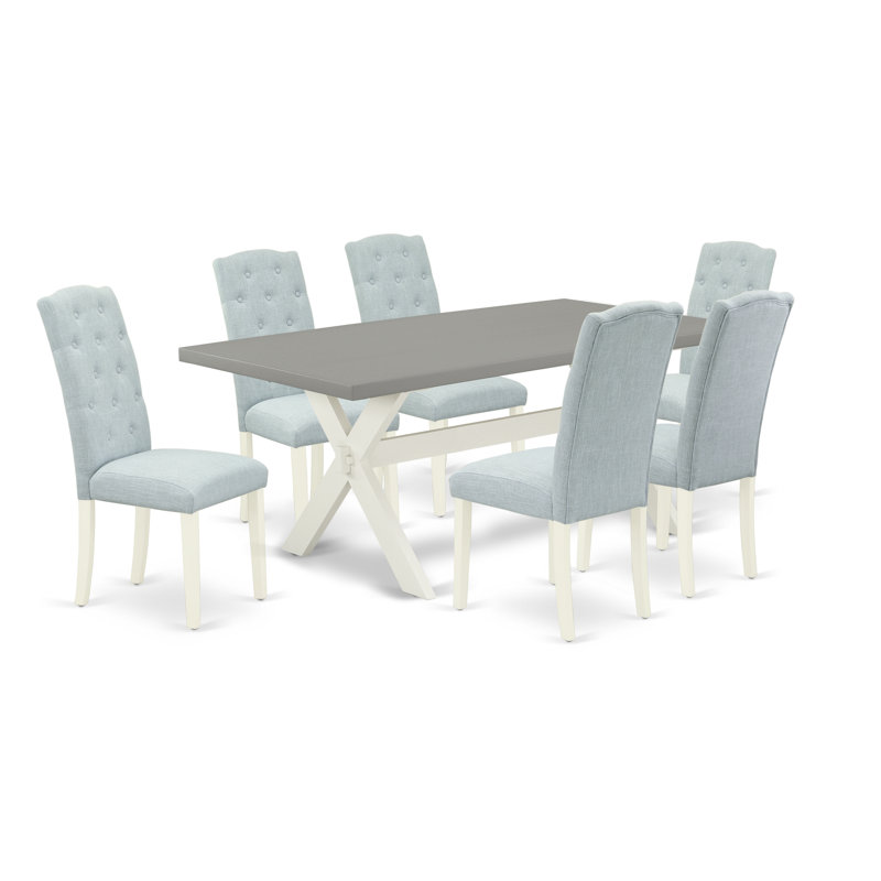 Ensemble de table de salle à manger 7 pièces composé d'une table de salle à manger rectangulaire avec pieds en X et 6 chaises Parsons en tissu bleu bébé, lin brossé blanc