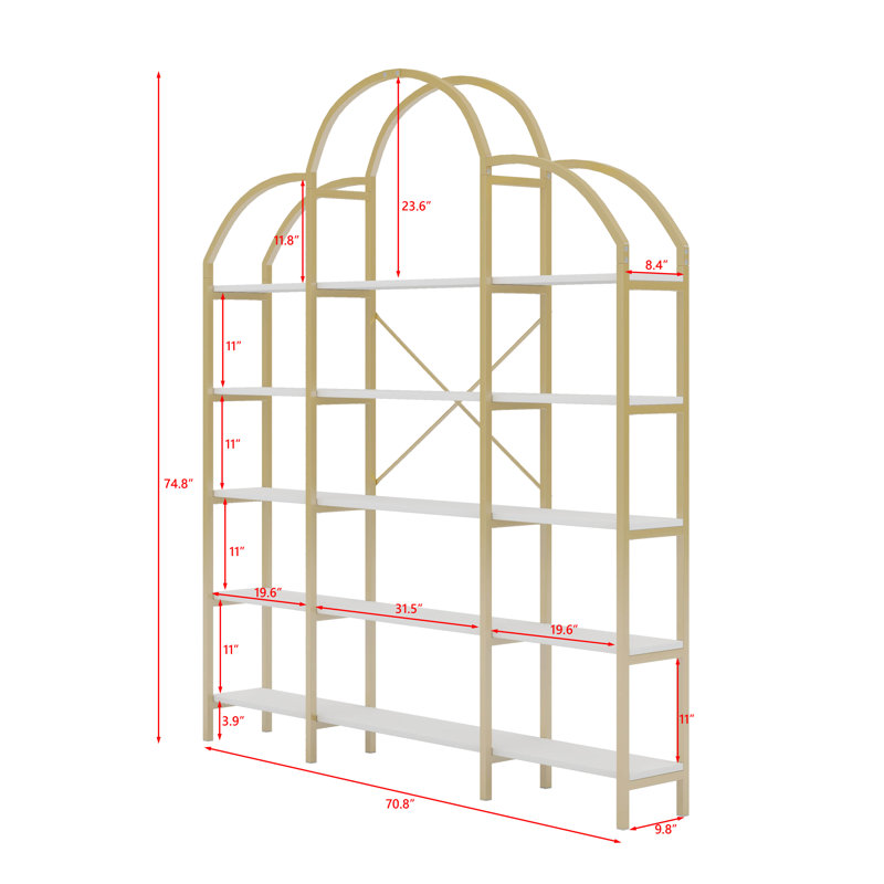Modern Display Shelf Curved Top 5-Tier Bookshelf Open Storage Organizer X-Bar Frame Spacious Bookcase