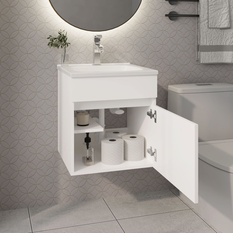 Meuble-lavabo flottant blanc à une porte avec lavabo, fixation murale, esthétique contemporaine, conception peu encombrante, finition épurée, panneau de particules et porte de lavabo intégrée intégrée, look, rectangulaire
