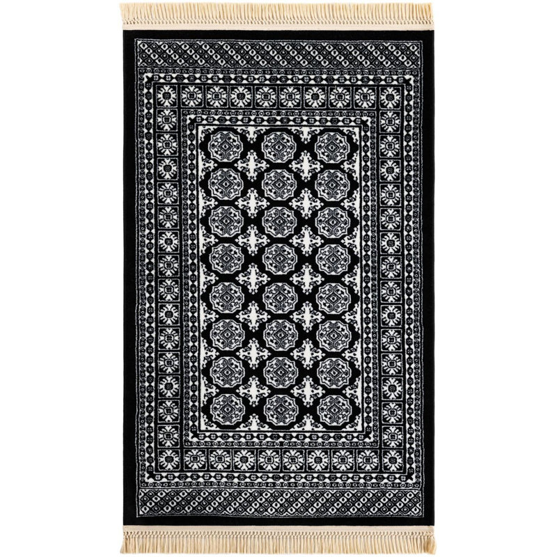 Tapis traditionnel Hinshaw noir et blanc, Rectangle 3 pi 3 po x 5 pi 3 po