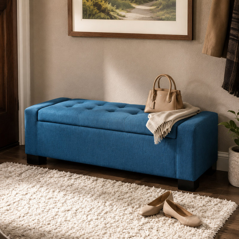 Banc de rangement contemporain avec rangement caché Gianluca, Tissu bleu marine